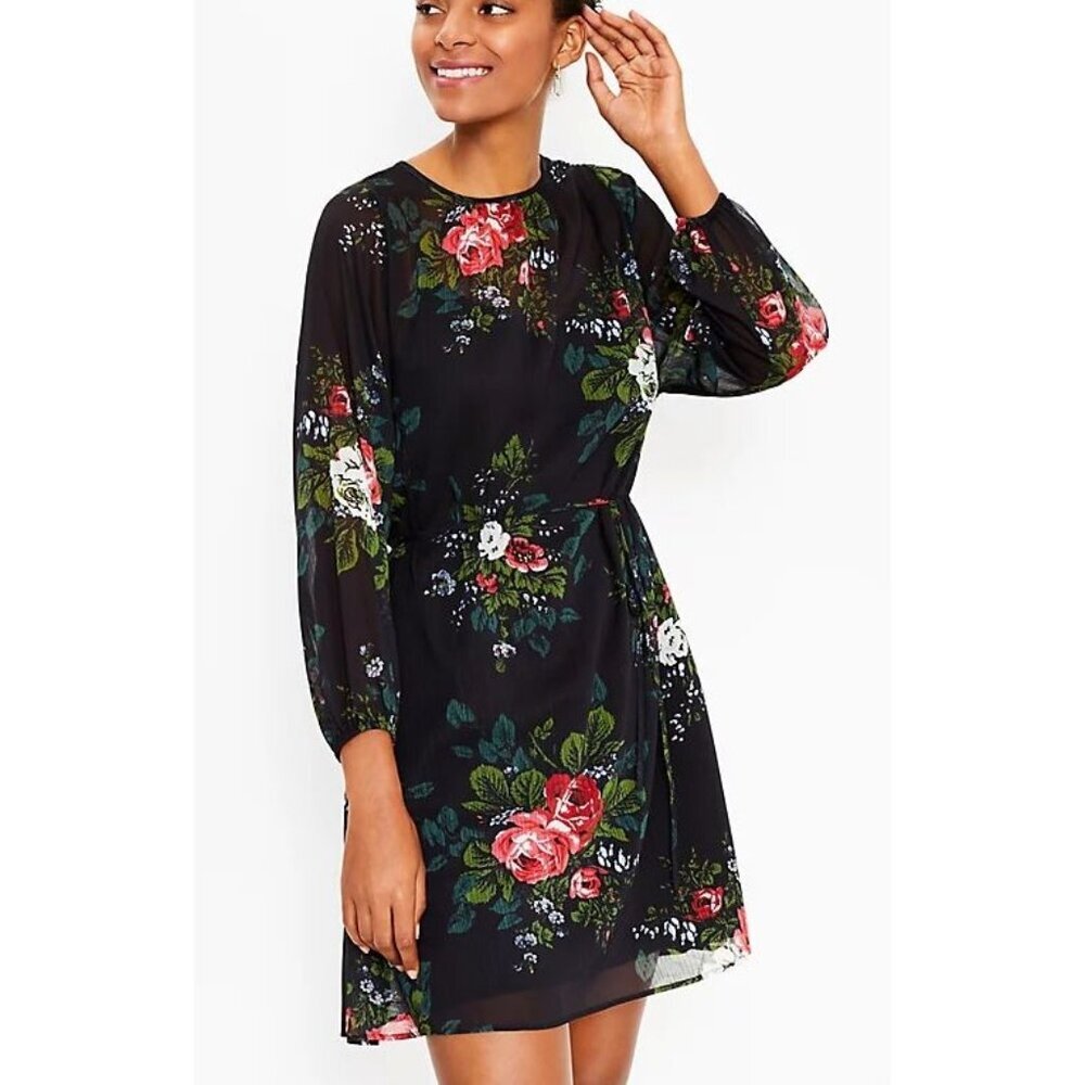 LOFT Dress Petite Black Floral Tie Waist Dark Romantic Size SP $89